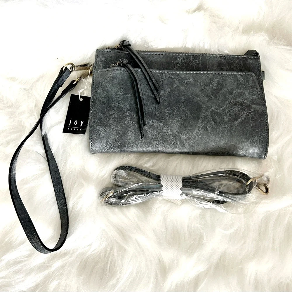 Joy Susan Crossbody Wristlet‎ Clutch with Shoulder Strap Gray Large 3-in-1